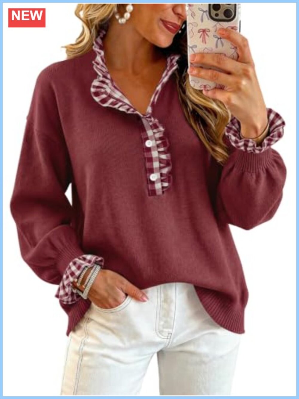 Women's Ruffle Knit Collared Quarter Button Pullover Sweater Teacher Fall
